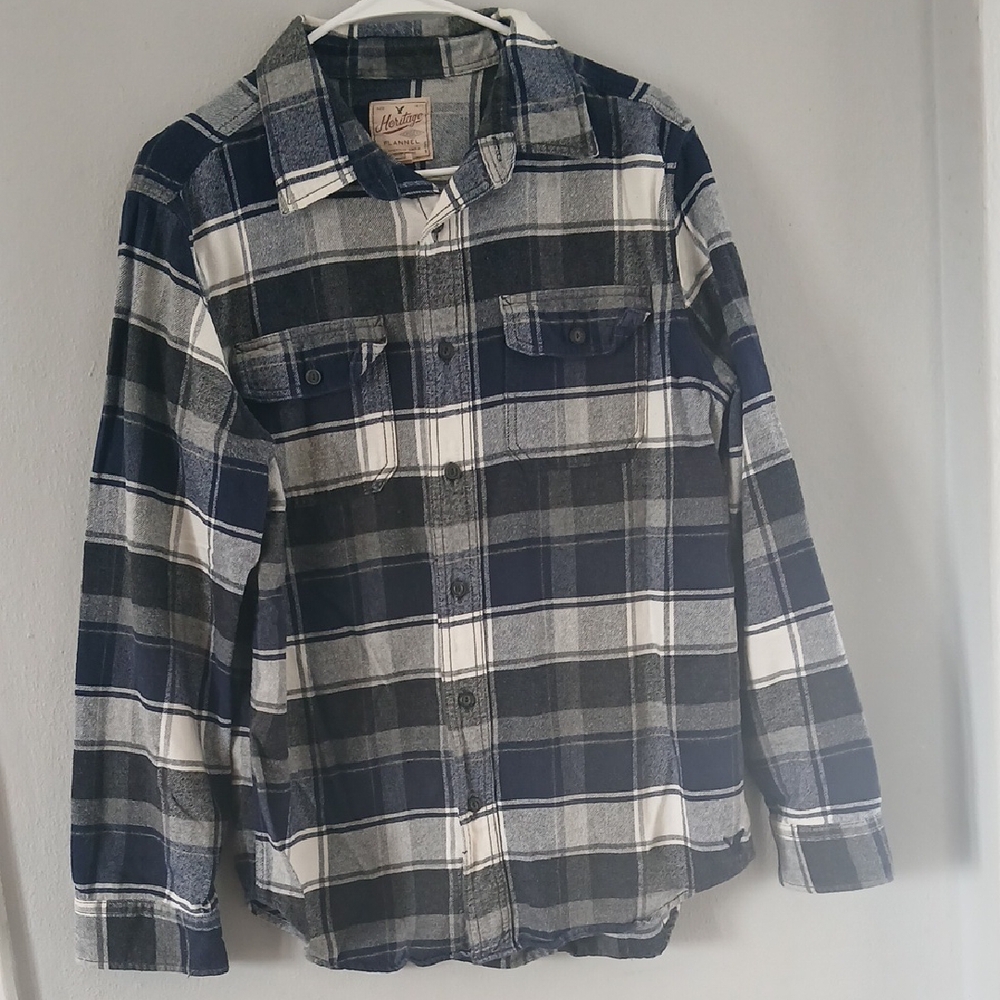 American Eagle Outfitters Men's Blue and Black Plaid Shirt
